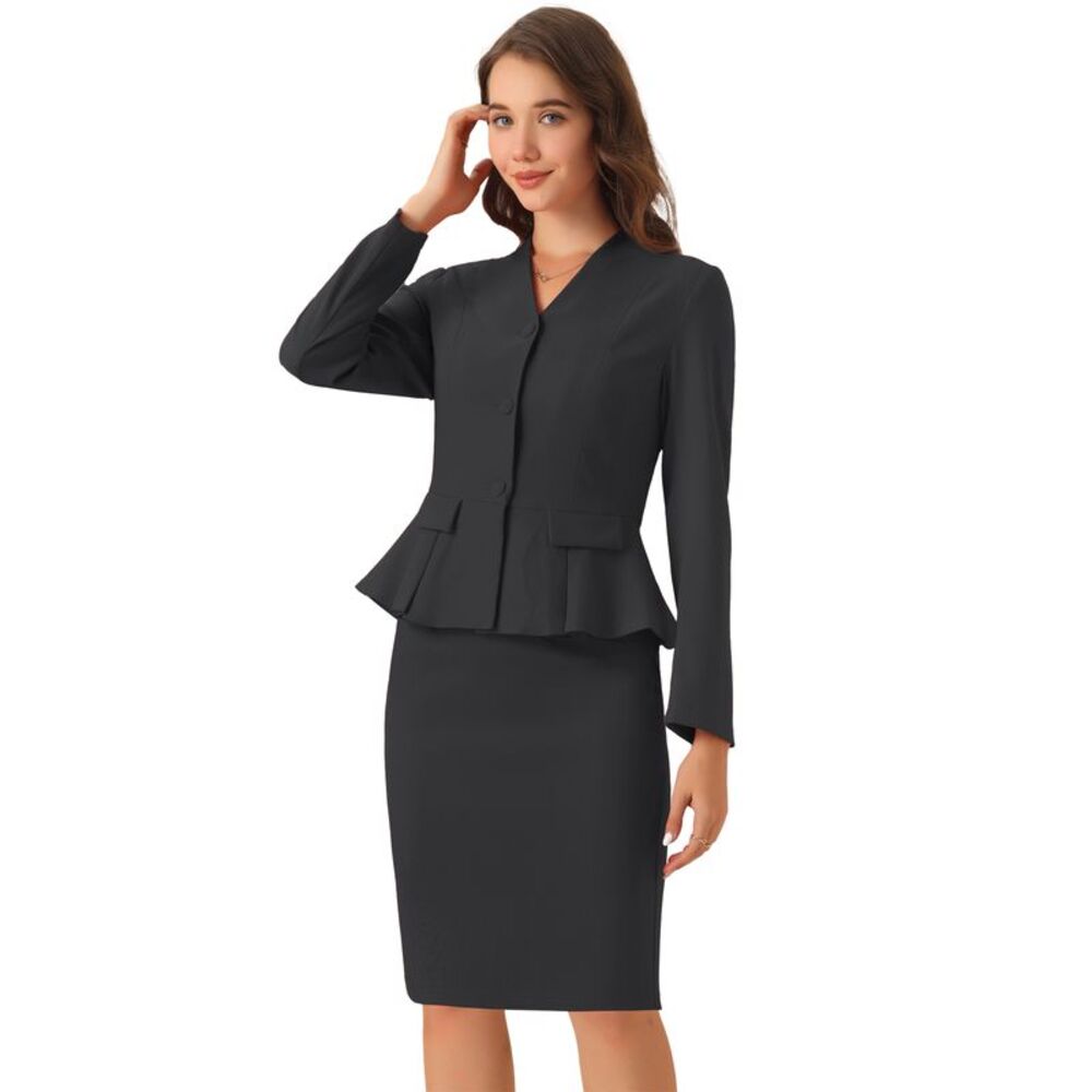 Business Suit Set 2Piece Collarless Peplum Blazer Pencil Skirt Dark Gray